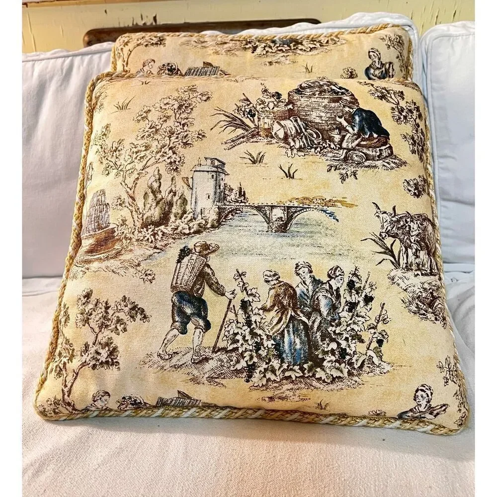 French Country Cottage Pillow Farmhouse Yellow Ivory Blue Brown Toile